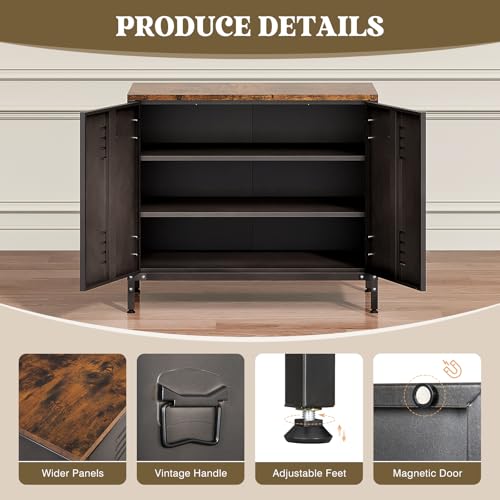 AFAIF Storage Cabinet with 2 Doors, Metal Storage Cabinet with 2 Adjustable Shelves, Rustic Multipurpose Cabinet for Home, Office, Kitchen, Entryway, Hallway, Retro Brown