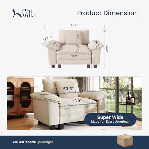 Image of PHI VILLA Oversized Single Sofa Chair with Deep Seat, Cloud Upholstered Reading Armchair, 1 Seater Comfy Sofa Chair for Bedroom Nook, Chenille, Beige