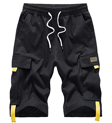 Vcansion Women's Casual Cotton Elastic Waist Drawstring Loose Fit Outdoor Multi-Pockets Cargo Shorts Black US 8-10