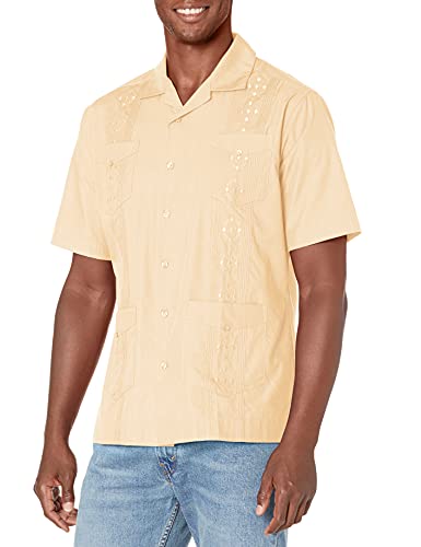 Cubavera, Camisa Guayabera Bordada auténtica de Tela Transpirable para Hombre, con Cuatro Bolsillos, Cuello de Campamento, Manga Corta con Botones, Marfil, Small