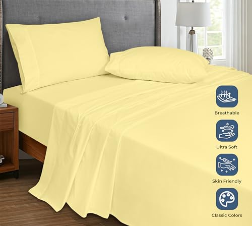Image of Royale Linens 100% Organic Cotton Full Flat Sheet Only - Super Soft - Percale Top Sheets - Full Flat Sheet Sold Separately - Breathable, Cool & Crisp Sheets Only (81 inch x 96 inch, Yellow)
