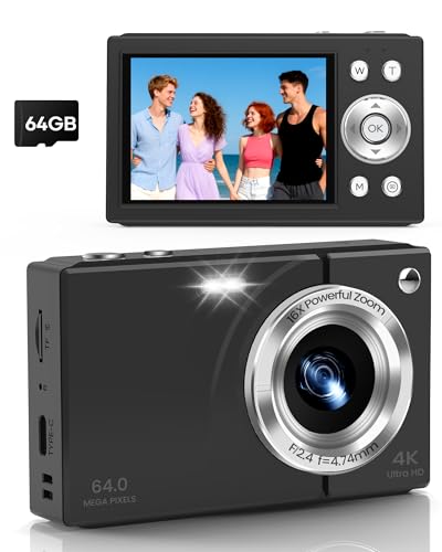 Cámara digital, cámara de vlogging 4K con enfoque automático, 64 MP, zoom 16X, tarjeta de 64 GB incluida, batería integrada, cámara digital pequeña para adolescentes y adultos, principiantes, ideal