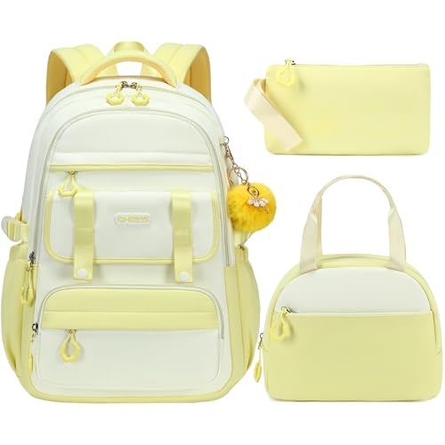 School Backpack for Girls 3PCS Laptop Backpack 15.6 Inch with Lunch Box Pencil Pouch Set for Kids Teens Elementary Middle High School College Bookbag Student Casual Travel Daypack Yellow Beige