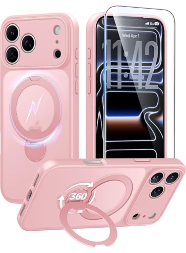 Image of FNTCASE for iPhone 17 Pro Case: [360 Spin Magnetic Stand] [Compatible with Magsafe] [Screen Protector] Translucent Matte Military Grade Shockproof Full Camera Protective Phone Cover - Pink