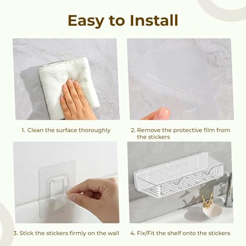 Image of Self Adhesive Bathroom /Kitchen Storage Organiser Shelf Without Drill Wall-Mounted Shelves Rack | Multipurpose Bathroom Accessiories Set with Durable PET Material (Transparent, Pack of 2)