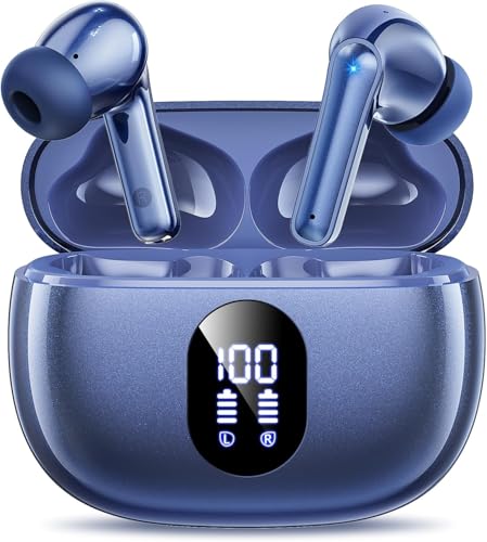 Image of Wireless Earbuds Deep Bass Sound Ear Buds, Bluetooth 5.3 Headphones 48H Playtime, LED Display Earphones with Mic, IPX7 Waterproof Lightweight in-Ear Buds, Touch Control for iPhone TV Laptop Blue
