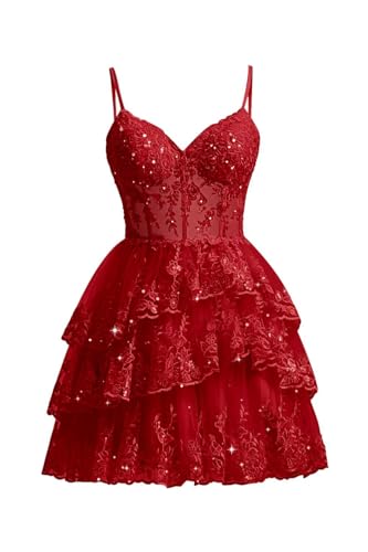 Wchecalino Sparkly Tiered Tulle Homecoming Dresses Short 2026 Spaghetti Straps Lace Appliques Corset...