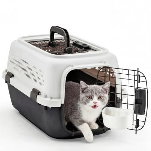 NEWBULIG 23" Hard-Sided Dog Carrier, Plastic Cat & Dog Crate, 4-Sided Ventilation Travel Pet Kennel, Top & Front Door Access, Integrated Food Bowl, for Small Pets up to 22 lbs, White & Black