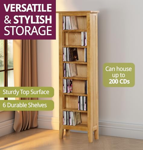Hallowood Furniture Aston CD Storage Shelf Unit, 7-Tier Narrow CD Rack Tower, Solid Wooden Storage Unit for CDs, Books, Media, An Oak Furniture for Living Room, Bedroom & Office - Image 4