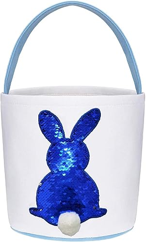 corgi butt Easter Basket Bunny Tote Bag Bucket - Blue Paillette Style for Kids Easter Eggs Toys Candy Gifts Egg Hunt Supplies
