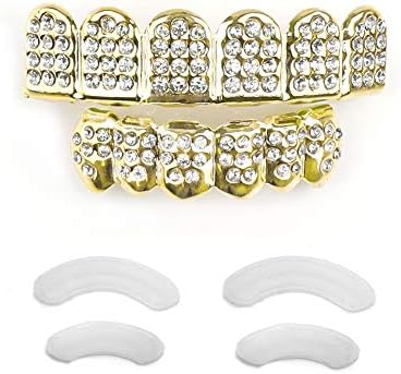 Gold Grillz Teeth Set Best Gift for Son-New Custom Fit 14k Plated Gold Diamonds Grillz - Excellent Cut for All Types of Teeth–6pcs Top and Bottom Grill Set - Hip Hop Bling Grillz