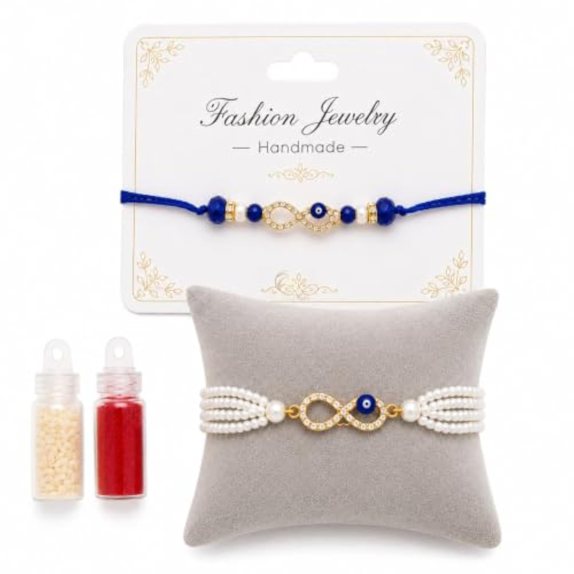 Designer Infinity Evil Eye Couple Rakhi & Pearl Bracelet Lumba Combo