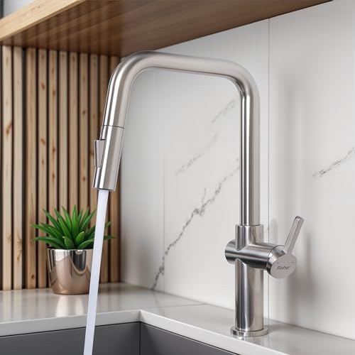 Image of Ruhe Opulo Dual Flow Pull-out Kitchen Mixer Faucet - Brushed Nickel | 360 Swivel | Hot & Cold Water Faucet | Single Lever Tap | Table Mounted Kitchen Sink Tap