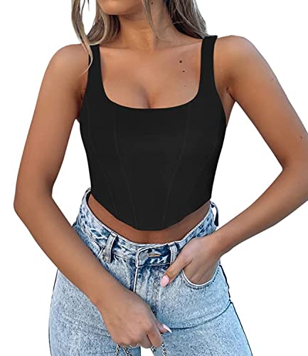 Modegal Women's Square Neck Top Fish Boned Sleeveless Zip Back Bustier Corset Crop Tank Tops #TOP11