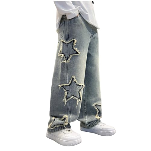 Boys Y2K Jeans Teens Kids Star Graphic Wide Leg Casual Elastic Waist Baggy Denim Pants Hip Hop Streetwear