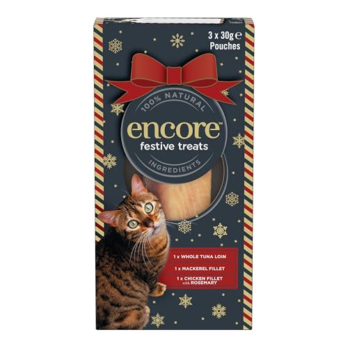 Encore 100% Natural Cat Treat Loins Festive Variety Grain Free (Tuna Mackerel & Chicken with Rosemary) Pack of 3 × 30 g
