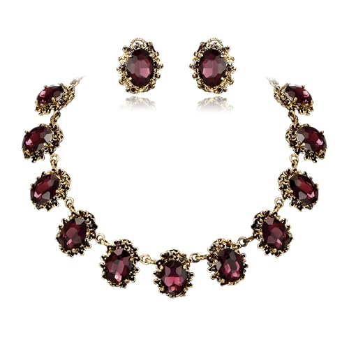 BriLove Victorian Style Statement Necklace Pierced Earrings Jewelry Set for Women Crystal Floral Cameo Inspired Oval Jewellery for Party Prom