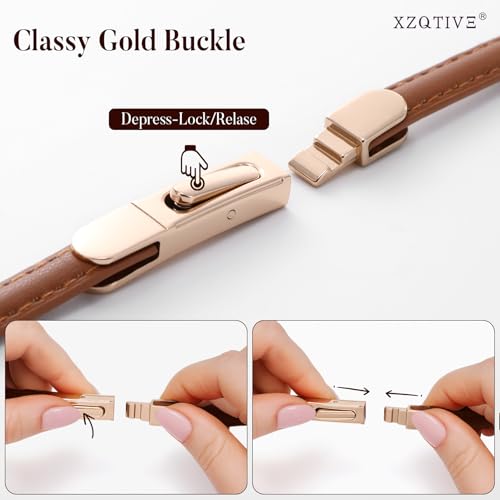 XZQTIVE 2 Pack Skinny Belt for Women Thin Waist Belt Adjustable Leather Belt for Dress Pants with Gold Buckle,0.39"4