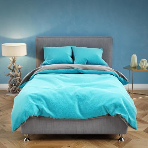 Teddy Fleece Bettwäsche 135x200 cm Winter Flausch Plüsch 2 teilig Winterbettwäsche Fleece Reißverschluss Kissenbezug 80x80 cm, Unifarben, Petrol, Grau