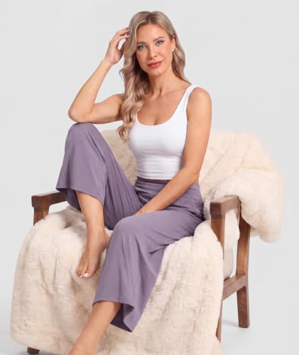 Image of GYS Bamboo Viscose Wide Leg Gaucho Cropped Pants, High Waist Capris Cloud-Soft Pajama Pants with Pockets, Flowy Yoga Pants