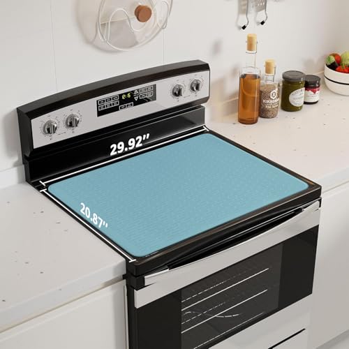 Image of Stove Top Cover for Electric Stove - Food Grade Ceramic Stove top Cover, Silicone XXL Dish Drying Mat, Glass Cooktop Covers, Flat RV Range top Mats (Blue Thickened,30x21)