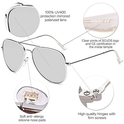 SOJOS Classic Aviator Polarized Sunglasses for Men Women Vintage Retro Style,Silver/Silver,62mm4