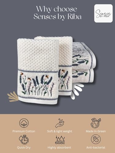 Image of SENSES By Riba Cotton Embroidered Towel Set, 550 GSM Soft & Absorbent, Antimicrobial, Oeko-Tex Certified | Ideal for Home & Gifting, Pack of 4 (2 Bath 27 inchX50 inch + 2 Hand Towels 16 inchX26 inch) - Style 18