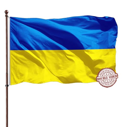 Double Sided Ukraine Flag 3x5 Outdoor- Heavy Duty 3Ply 240D Polyester Vivid Colors- Ukrainian Flag 3x5 Outdoor-4 Rows Stitched and Canvas Header with 2 Brass Grommets