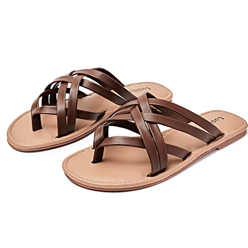 Image of Luoika Women's Wide Width Flat Sandals, Flip Flop Slides Sandal Casual Strapy Sandal Slip on Summer Beach Shoes for Women.