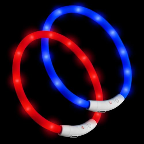 PRECORN 2 Stück LED Silikon Hundehalsband Leuchtend | Rot und Blau | Sicherheits-Halsband Hund | Hunde Leuchthalsband Set aufladbar USB-C | Individuell kürzbar