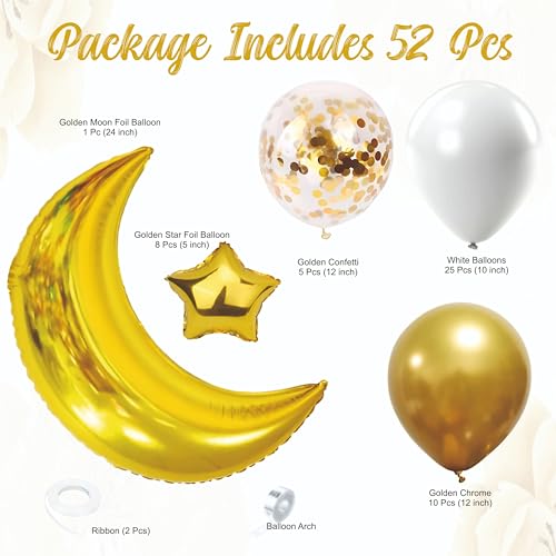 Image of Golden and White Balloon Garland kit with Golden Foil Moon and foil star, Pack of 52 pcs for Birthday Decoration, anniversary Decoration, Home decor items