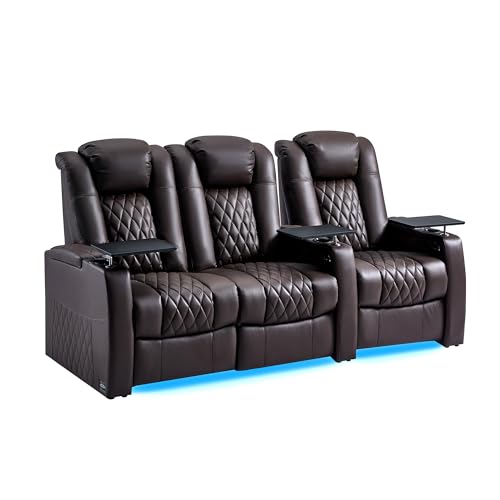 comfiroom Home Theater Seating Classic Series Seats Top Grain Leather Loveseat Recliner Chairs Dual Power Movie Gaming Sofa Chair Electric Headrest with Tray Table (Brown, Row of 3 Loveseat Left)
