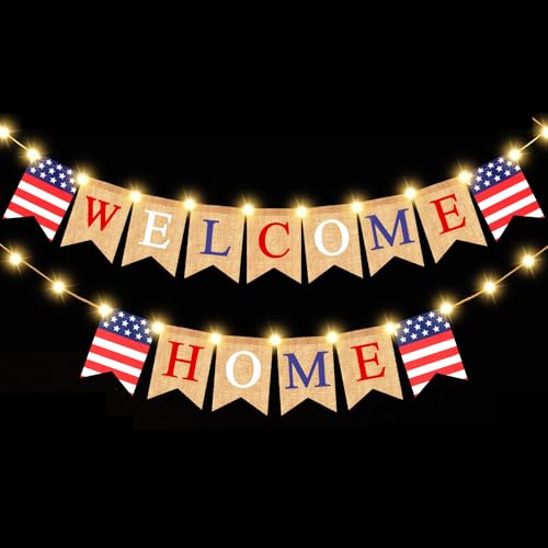 Image of Mudder Welcome Home Banner with LED Decoration Fairy String Light 2 Flicker Mode Patriotic Banner Bunting Welcome Home Sign for Housewarming Military Celebration Family Party Supplies Gifts
