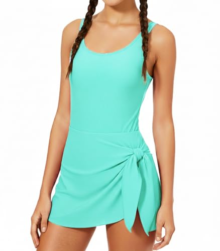 Cuddomper Girl Swimsuit Mint Green One Piece Swim Dress Adjustable Straps Bathing Suit with Pad Vacation Beach Modest Swimwear Size 11-12