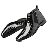 ENOEGMSD Fashion Chelsea Boots for Men's Leather Print Pointed Toe Slip-On Low Chunky Heel Retro Dress Business Chukka Ankle Oxford Boots for Formal Wedding Party Causal Work (Black,12.5)
