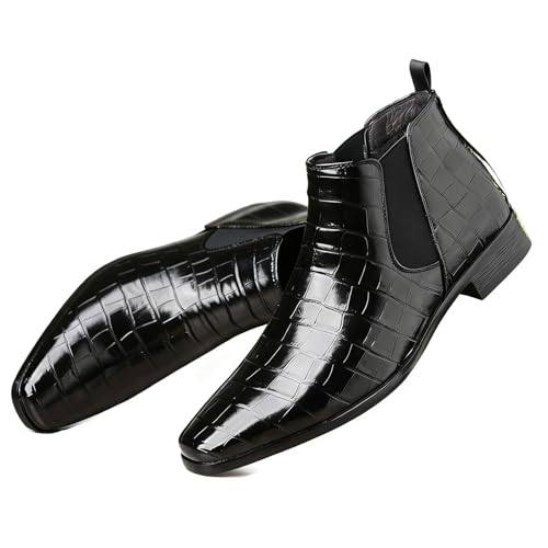 ENOEGMSD Fashion Chelsea Boots for Men's Leather Print Pointed Toe Slip-On Low Chunky Heel Retro Dress Business Chukka Ankle Oxford Boots for Formal Wedding Party Causal Work (Black,12.5)