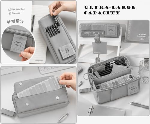 Image of WORSHIPER Multi-Functional Soft Pencil Case for Girls | Large Capacity Zipper Pouch with Multiple Compartments | Aesthetic Stationery Organizer for School, College & Office (Soft More Grey)