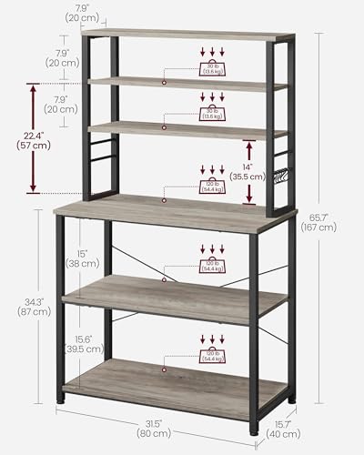 Image of VASAGLE Coffee Bar, 31.5 Inches Baker's Rack for Kitchen with Storage, 6-Tier Kitchen Shelves with 6 Hooks, Microwave Stand, Industrial, Heather Greige and Ink Black UKKS019B02