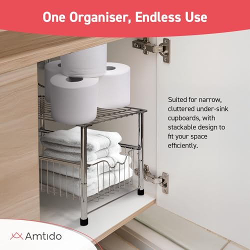 Under Sink Storage Rack with Sliding Basket Drawer – Chrome Metal, No Tools Needed Under Sink Storage Kitchen Organiser for Pantry, Bathroom, Countertop, Cleaning Supplies – 43x28x26cm