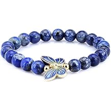 Gem Stone King 8mm Simulated-Lapis Lazuli 18K Yellow Gold Plated Silver Cloisonne Enamel Butterfly Bracelet For Women
