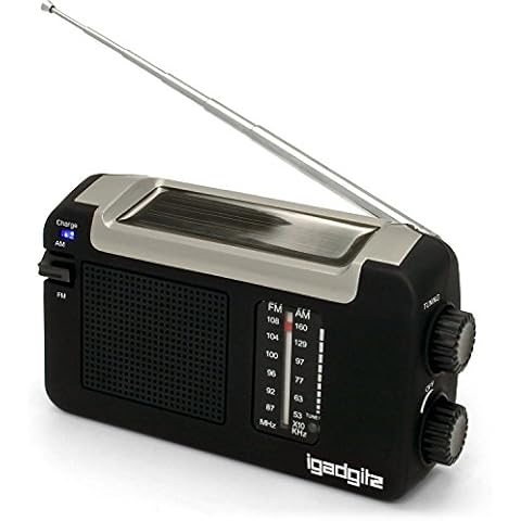 iGadgitz Xtra U4457 Wind Up, Solar & USB Rechargeable Portable AM/FM Radio - Black Cover