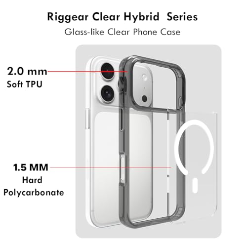 Image of RIGGEAR Shockproof Clear Hybrid Armor Magnetic Back Cover Case Compatible with MagSafe Accessories for iPhone 17 Pro (Clear-Black TPU Bumper + Transparent PC) (White MagRing)