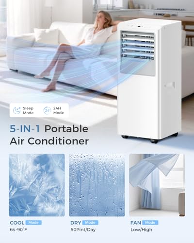 Image of Energlow 8000 BTU Portable Air Conditioner, 5-in-1 Cools 350 Sq.Ft, Quiet AC Unit with Fan & Dehumidifier, LED Display, Remote, 24H Timer, Window Kit, for Bedroom /Office /Dorms /Apartment