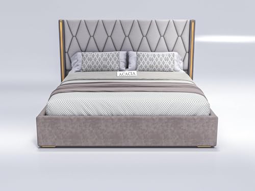Image of Modern Upholstered Queen Size Bed with Hydraulic Storage for Bedroom | Wooden Double Beds for Home & Hotels | Platform Cot Bed with Upholstery Fabric, 6.5 x 5 Ft | Sheesham, White-Brown