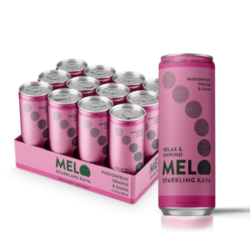 Melo Sparkling Kava Drink, Passionfruit Orange & Guava, Non-Alcoholic, Sugar Free, Zero-Calorie Tropical Beverage, 12 Pack, 12 oz Cans