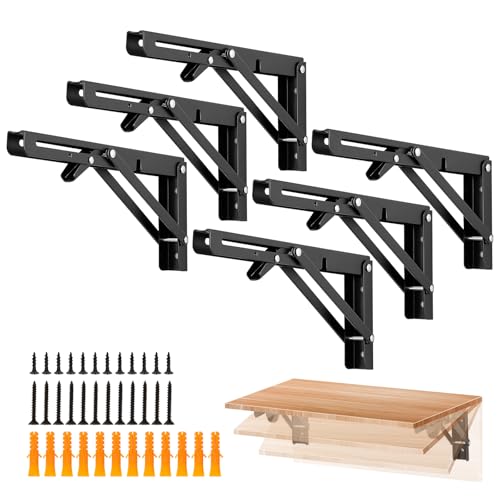 Image of Ravinte 6 Pack 10 Inch Folding Shelf Brackets - Matte Black, Heavy Duty Collapsible Brackets for Tables and Benches - Space-Saving Design