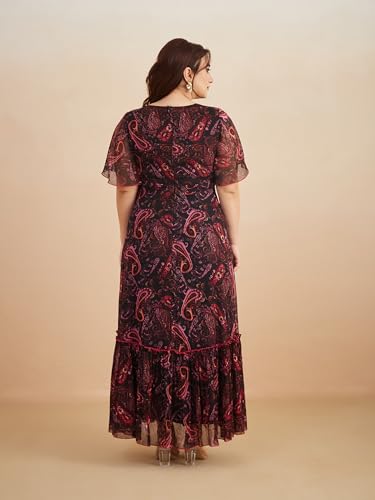 Image of Miss Chase A+ Women's Bohemian V-Neck Flutter Sleeve Chiffon Relaxed Fit Wrap Maxi Dress