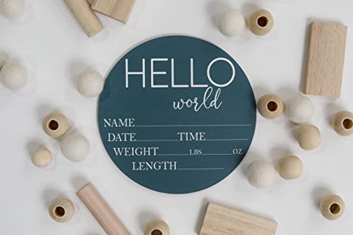 Image of Baby Announcement Sign for Newborn Boys and Girls (Color Bases) - Hello World Nursery Decor Sign & Photo Prop for Babies Made of Birch Wood - 6 inch Circle Board (Blue)
