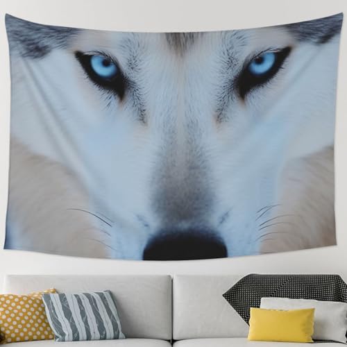 Tapisserie murale loup aux yeux bleus 229x152 cm pour la décoration du salon