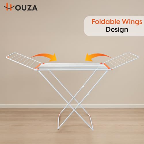 Image of HOUZA 3 Way Folding Cloth Drying Stand, Lightweight, 42 Feet Drying Length, 20 Drying Rails, Orange & White, Pack of 1